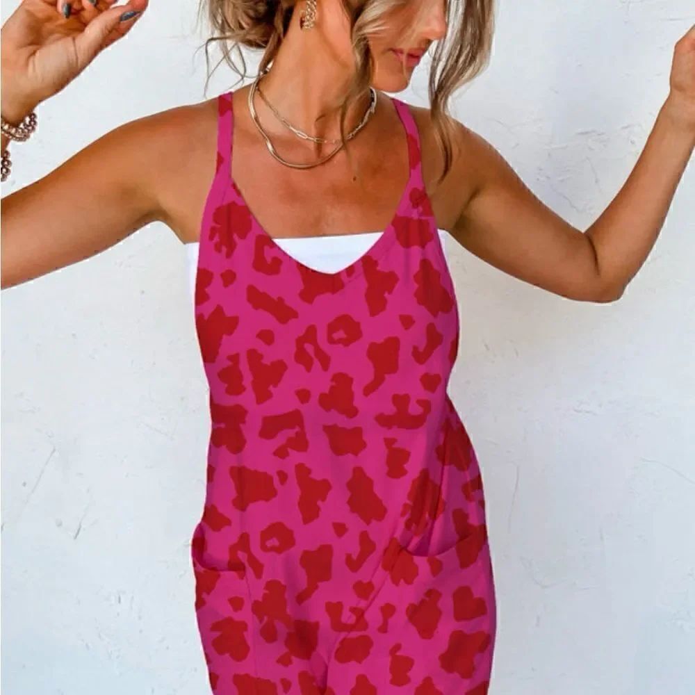 Pink and Red Leopard Print Romper - Picture 3 of 4